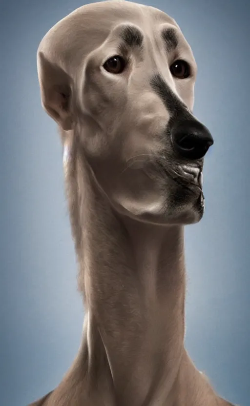 Image similar to human borzoi, human with elongated face and skull, dog man, cute, strange, surreal, hyperrealistic