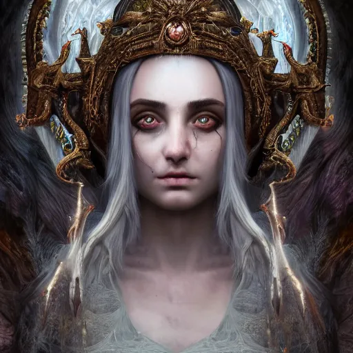 Image similar to priestess of the damned, yael shelbia, 8 k resolution, concept art, detailed matte painting, eldritch, unreal engine, gustave dore, detailed painting, maximalist, 4 k, 8 k resolution, 3 d shading, rendered in blender, astral aurora, hyperdetailed, intricate, polished