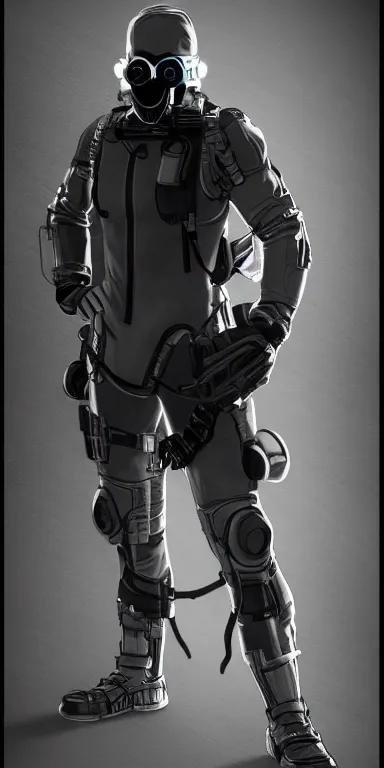 Prompt: full body cinematic shot of a male time traveling intelligence agent in a black and greyscale sealed continuity suit stepping through a time travel gateway, masculine, simple and functional with gaiter-style gas mask, a mix between splinter cell and metal gear solid by alphonse mucha