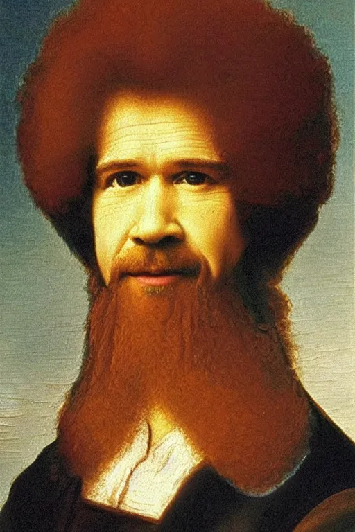 Image similar to a portrait of bob ross in the style of a leonardo davinci painting, oil painting, bob ross smiling