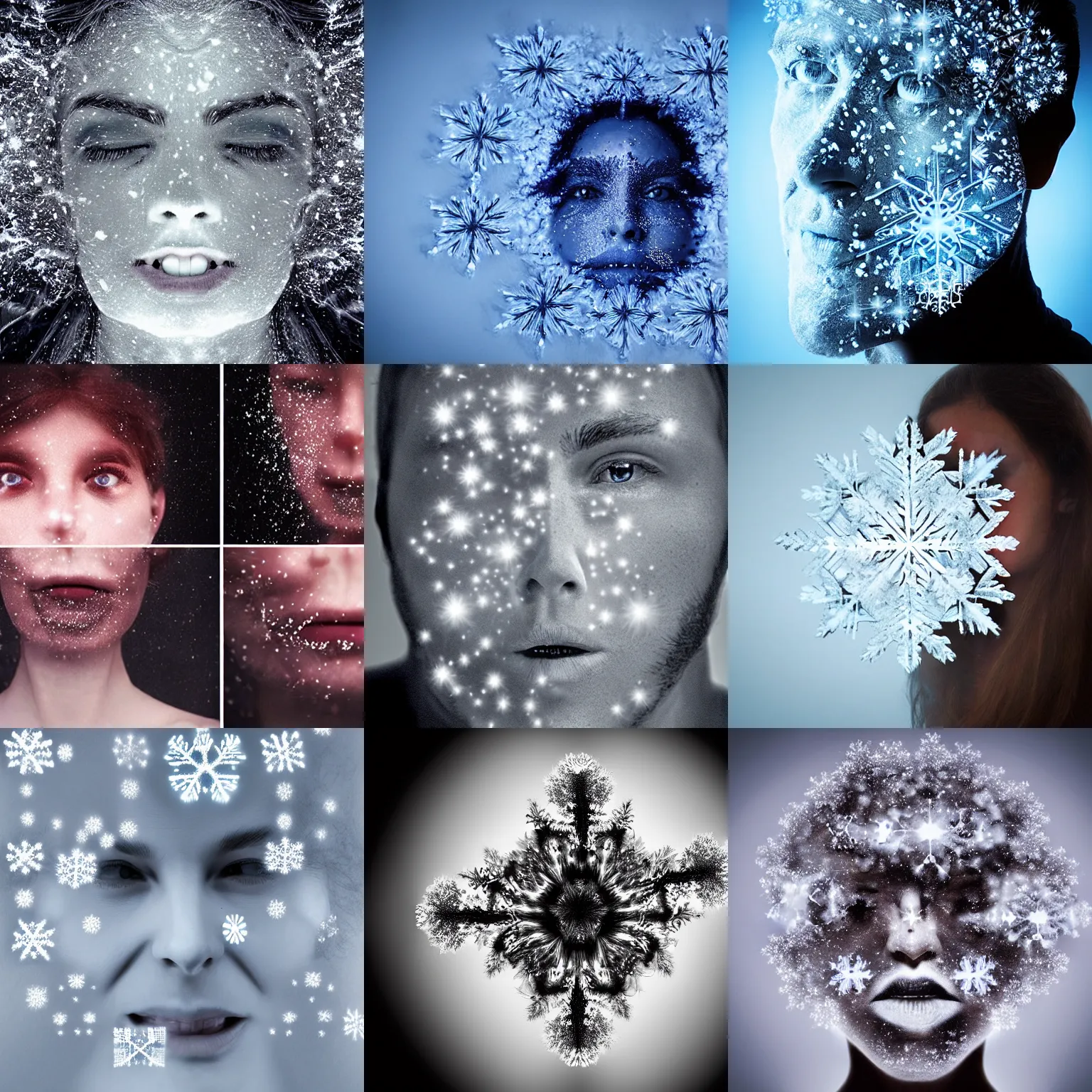 Prompt: surreal photography snowflake coalescing into a face