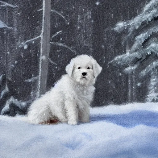 Prompt: cute fluffy white puppy sitting in snowy winter landscape detailed painting 4k
