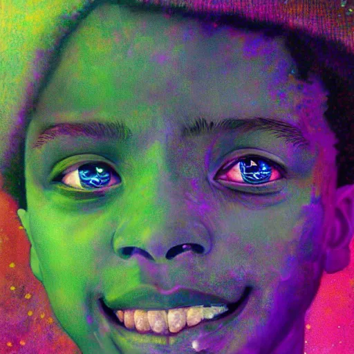 Prompt: smile of glitch eyes Black boy artstation, ultradetailed, digital Painting, by James gurney and Pipilotti Rist