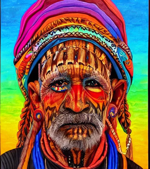 Image similar to Portrait painting in a style of Alex Grey of an old shaman dressed in a colorful traditional clothes.