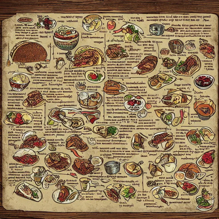 Image similar to middle age illustrated recipe for tacos ( ( ( ( a delicious tacos ) ) ) ) lot of medieval enluminures in the background explaining the recipe, schematic in a notebook