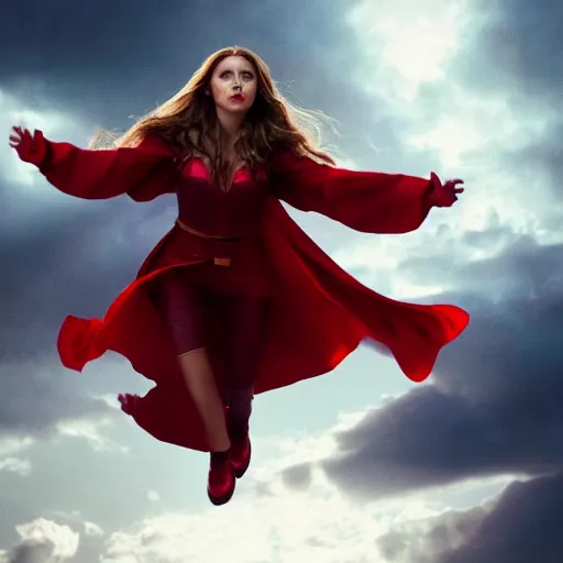 Image similar to movie still of elizabeth olsen as the scarlet witch afloat in the air with red eyes, using her magic to control the weather, full - body portrait, trending on artstation, 8 k quality, cgsociety contest winner, artstation hd, artstation hq, luminous lighting, beautiful cloudy atmosphere