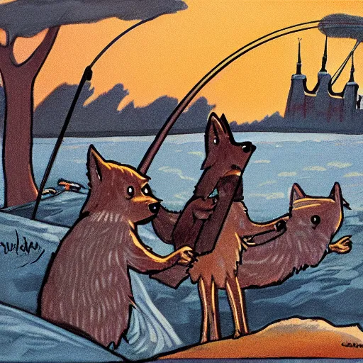 Image similar to coyote ralph fishing in ussr, cartoon art