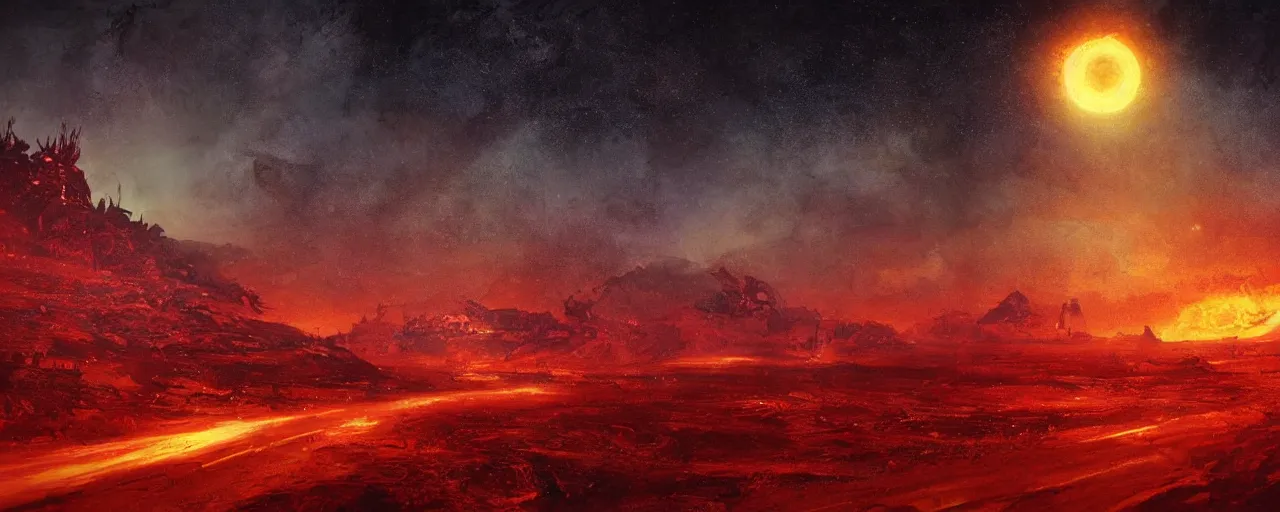 Prompt: ” barren fiery landscape at night, [ cosmic, cinematic, detailed, epic, widescreen, opening, establishing, mattepainting, photorealistic, realistic textures, octane render, art by slop and paul lehr ] ”