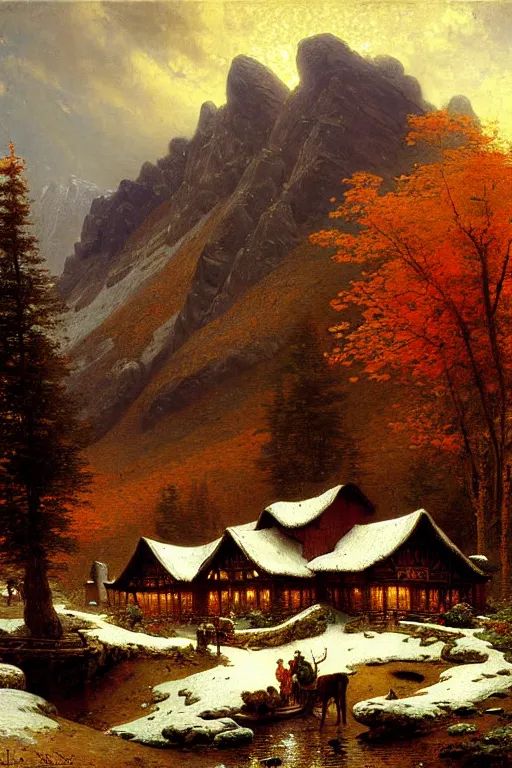 Image similar to detailed painting of a a mountain lodge in the autumn season, filigree ornaments, andreas achenbach