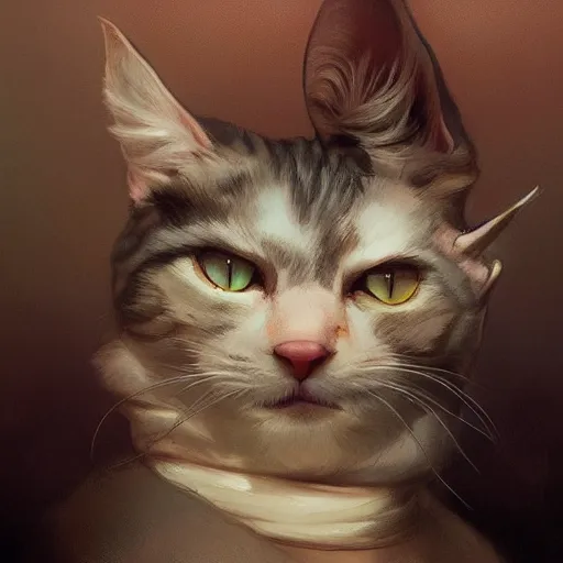 Image similar to portrait of an evil cat plotting against humanity, highly detailed, digital painting, artstation, concept art, sharp focus, illustration, art by artgerm and greg rutkowski and alphonse mucha