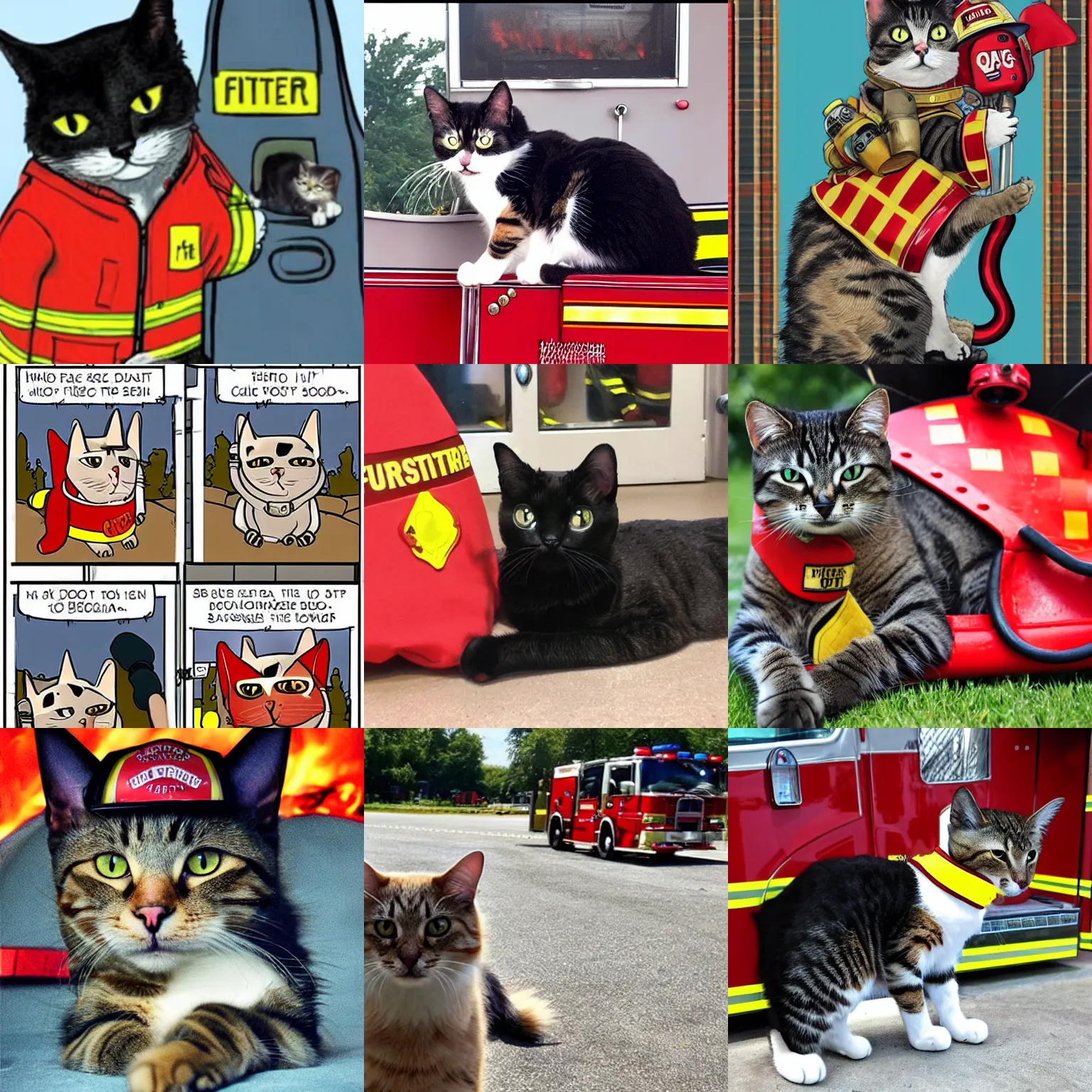 Prompt: cat as a firefighter saving queen - dog