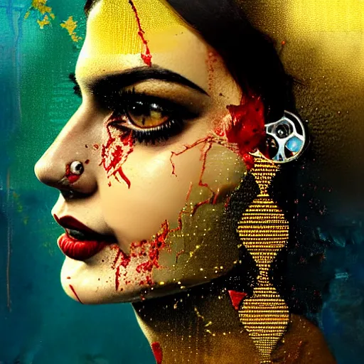 Image similar to portrait of pakistan woman :: side profile :: in ocean :: clockwork details :: gold :: blood and horror :: by marvel and Sandra Chevrier