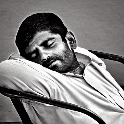 Image similar to Indian man sleeping on a school chair, digital art