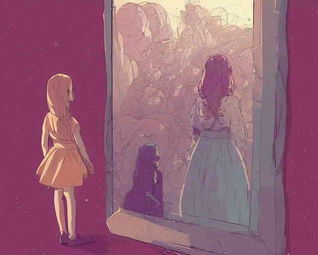 Image similar to a cell shaded cartoon of a girl in dress looking at the mirror to another world dimension, illustration, subtle colors, post grunge, concept art by josan gonzales and wlop, by james jean, victo ngai, david rubin, mike mignola, laurie greasley, highly detailed, sharp focus, alien, trending on artstation, hq, deviantart, art by artgem