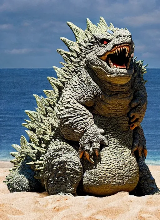 Prompt: godzilla as mozzarella on the sand of a beach