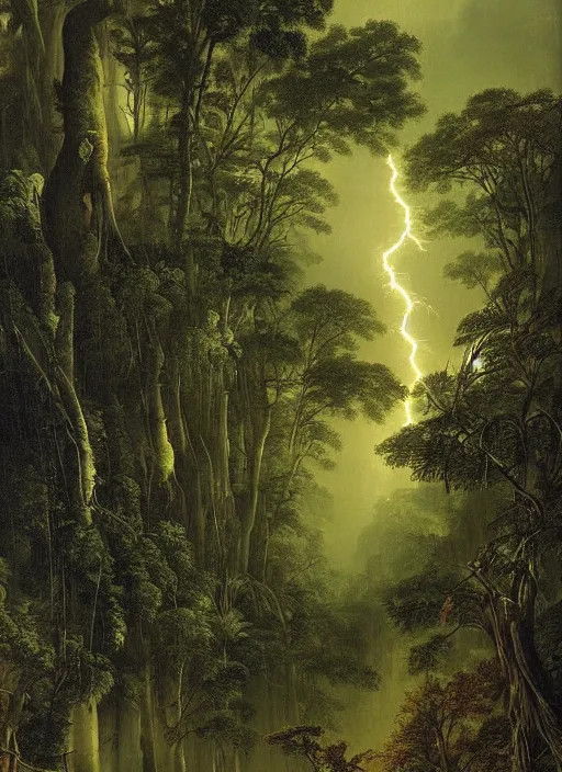 Image similar to a rain forest with extremely thin tall trees, dense, very epic atmosphere, tropical downpour of rain an lightning by asher brown durand, by yoshitaka amano