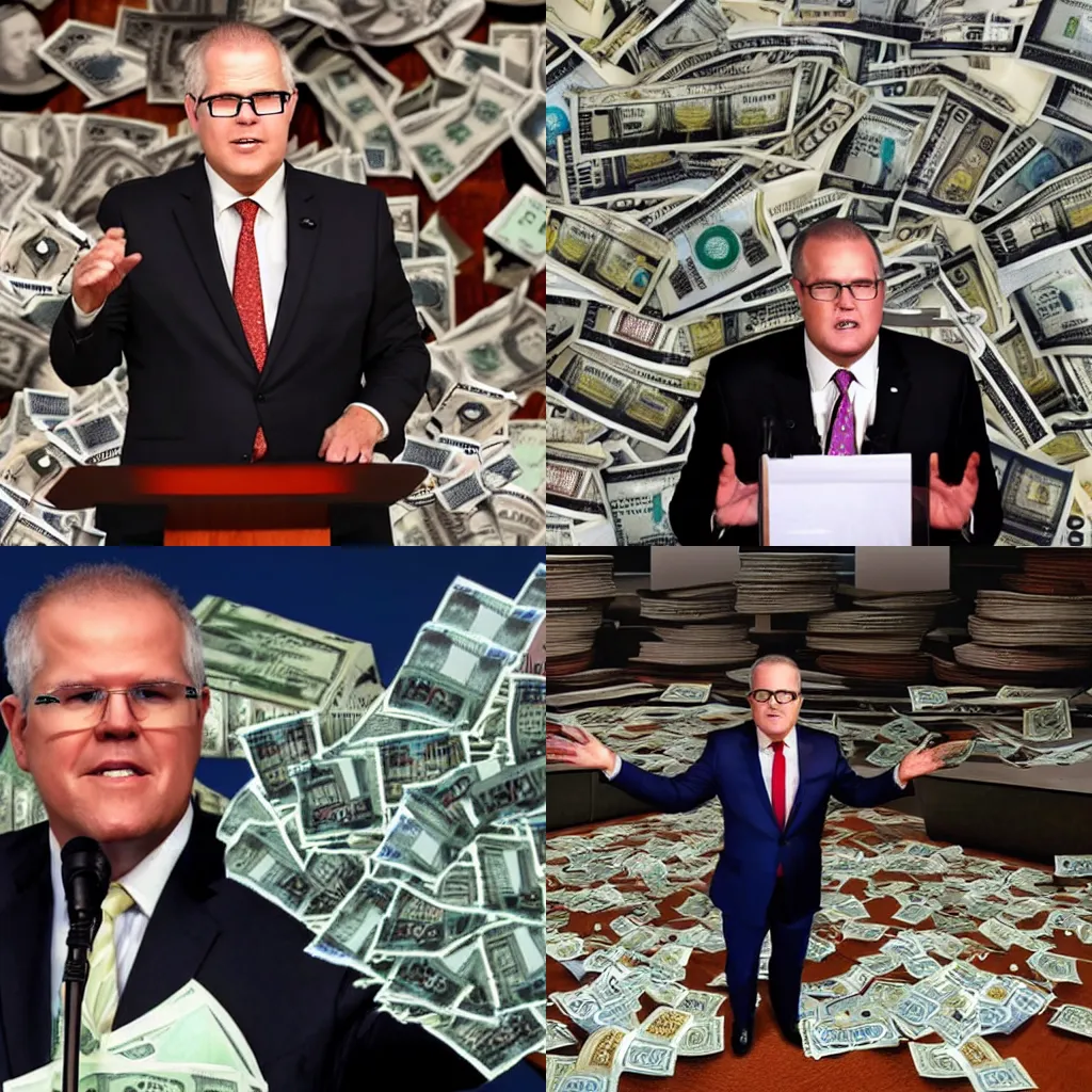 Prompt: Scott Morrison preaching as a televangelist with a halo above his head, surrounded by piles of cash, 4k, award winning photograph