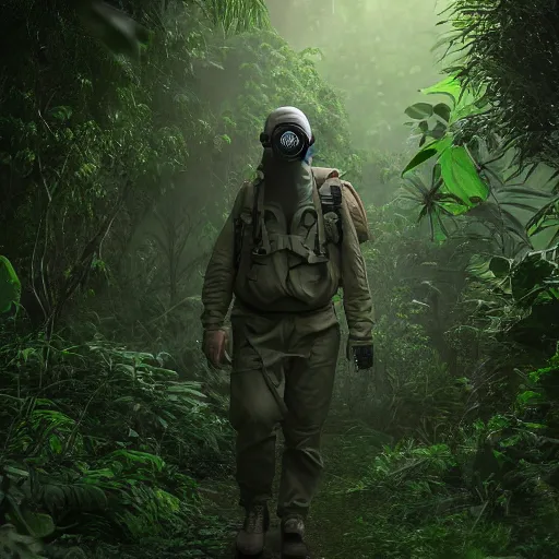 Image similar to a heavily equipped man wearing a gasmask, walking through a lush jungle, realistic octane render, ray traced, god rays, extremely high detail