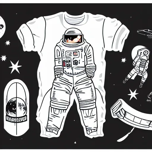 Image similar to astronaut skateboarding, graphic tees, line art