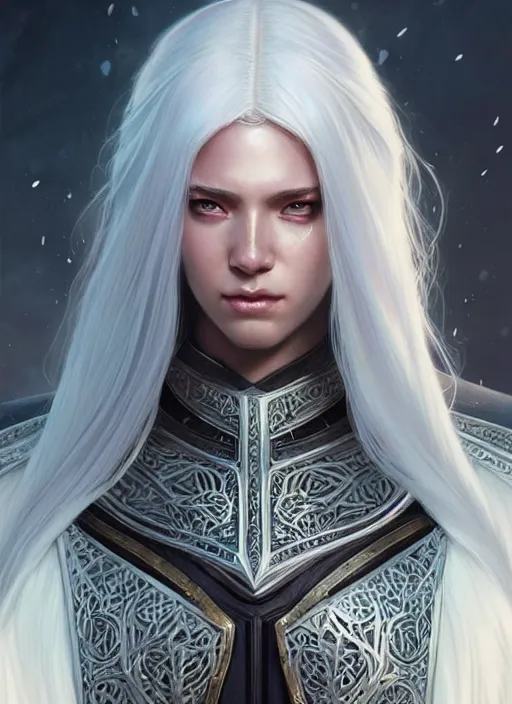 Image similar to light iridescent armor!!! long wild white hair!! covered chest!!! fantasy, d & d, intricate ornate details, digital painting, pretty face!!, symmetry, concept art, sharp focus, illustration, art by artgerm! greg rutkowski magali villeneuve wlop! ilya kuvshinov!!, octane render