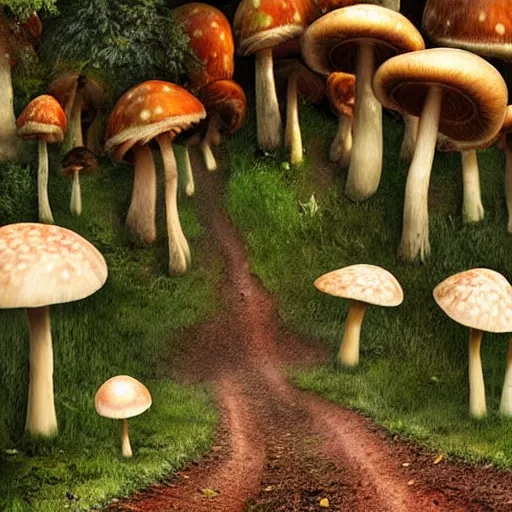 Prompt: a forest of giant mushrooms, different weird creatures are walking among the mushrooms, detailed professional photo