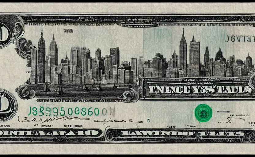 Prompt: rectangular photograph of two hundred dollar u. s. currency note featuring new york city skyline