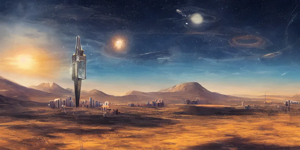 Image similar to artistic painting of a space elevator in the middle of the desert surrounded by futuristic buildings, sunset, mountains, clouds, stars