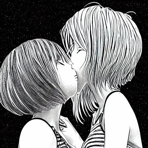 Image similar to portrait of two girls kissing, detailed manga art