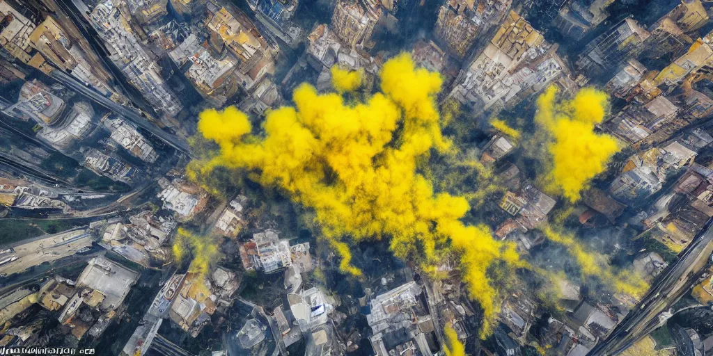 Image similar to kiev city streets covered in yellow and blue smoke, drone photography, by kim keever