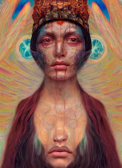 Prompt: Ayahuasca tripping cult magic psychic woman, subjective consciousness psychedelic, occult ritual, dark witch headdress, oil painting, robe, symmetrical face, greek dark myth, by John William Godward, Sean yoro, Anna Dittman, masterpiece
