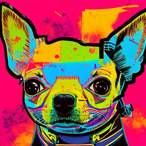 Image similar to illustration of cyberpunk chihuahua in vr helmet, colorful splatters, by andy warhol and by zac retz and by kezie demessance