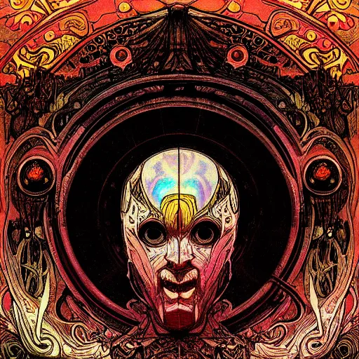 Image similar to psychedelic trippy iridescent illusionary art of facial expressions creepy eyes faces i'm nuclear explosions god judgemental gustave dore james gurney artstation alphonse mucha yoji shinkawa