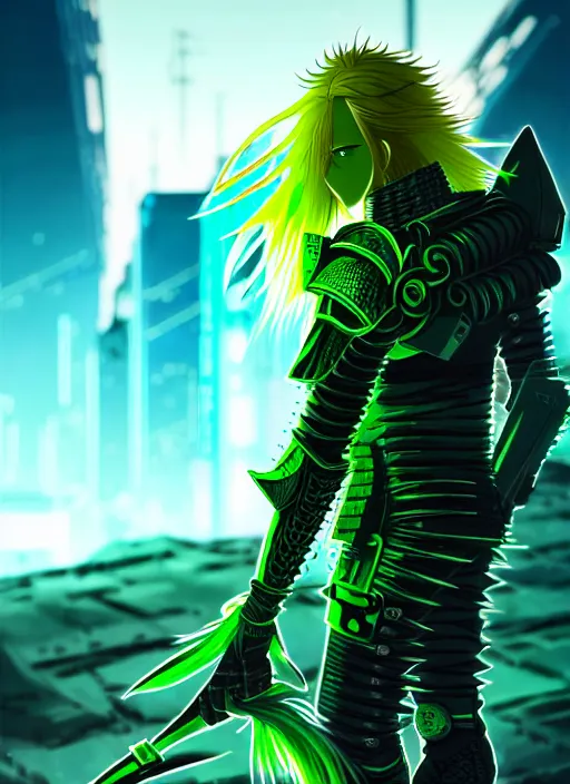 Image similar to a detailed anime full body portrait of a male warrior with long blonde hair and blue eyes wearing evil green spiked cyberpunk armour and standing in the desolate burning ruins of a futuristic city by hirohiko araki and beeple, fine details, digital art, character concept art