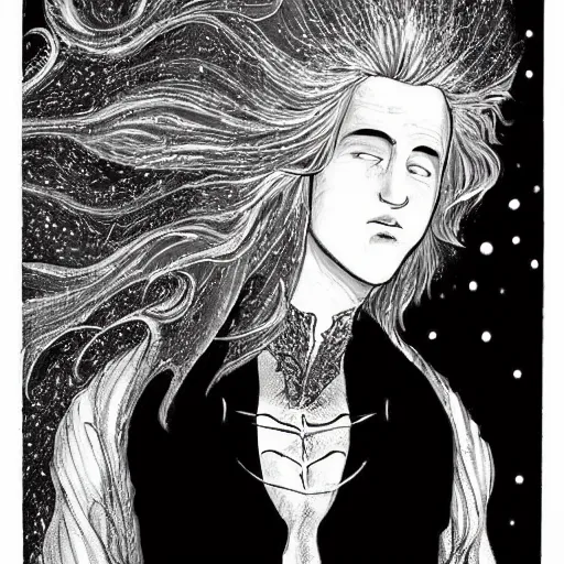 Image similar to black and white pen and ink!!!!!!! Young Guy Madison wearing cosmic space robes made of stars final form flowing royal!!! mage hair golden!!!! Vagabond!!!!!!!! floating magic swordsman!!!! glides through a beautiful!!!!!!! Camellia!!!! Tsubaki!!! death-flower!!!! battlefield behind!!!! dramatic esoteric!!!!!! Long hair flowing dancing illustrated in high detail!!!!!!!! by Moebius and Hiroya Oku!!!!!!!!! graphic novel published on 2049 award winning!!!! full body portrait!!!!! action exposition manga panel black and white Shonen Jump issue by David Lynch eraserhead and beautiful line art Hirohiko Araki!! Rossetti, Millais, Mucha, Kentaro Miura, Jojo's Bizzare Adventure!!