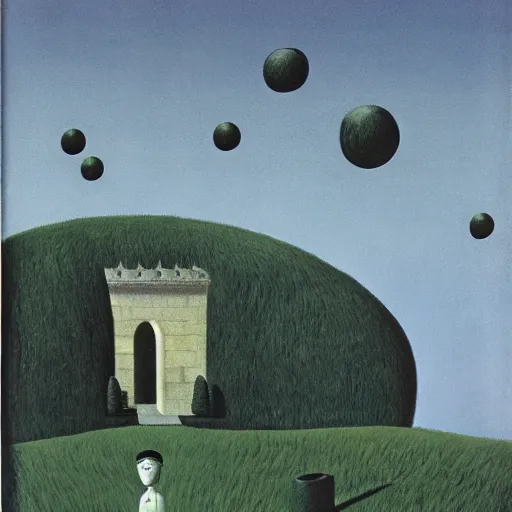 Image similar to A Surreal Landscape by Charles Addams and René Magritte