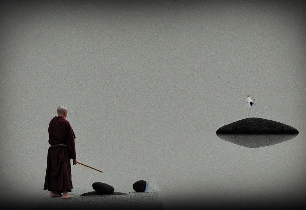 Image similar to portrait of a lone monk raking stones in a beautiful serene zen garden kyoto, japan, a collage painting, in the style of wes anderson, lola dupre, david hockney, isolated on negative white space background dark monochrome fluorescent neon spraypaint accents volumetric octane render