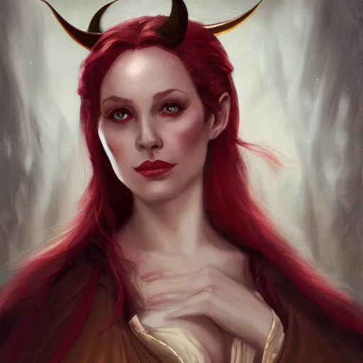 Image similar to a detailed matte head - on portrait painting of an middle - aged tiefling elegant and distinguished noblewoman with golden eyes and short long flowing red hair, by charlie bowater, lise deharme, wlop, tending on arstation, dungeons and dragon, dnd, pathfinder, fanart, oil on canvas