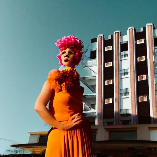 Image similar to giant flower head, frontal, girl standing in mid century hotel, surreal, symmetry, bright colors, cinematic, wes anderson