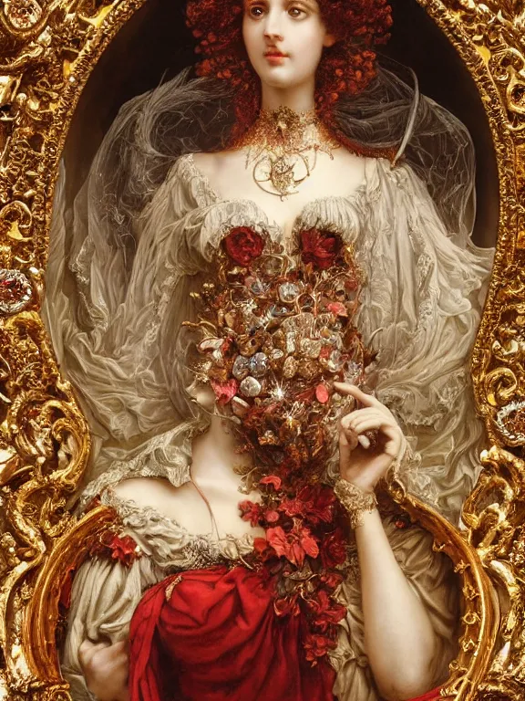 Image similar to a beautiful render of baroque catholic veiled the red queen sculpture with symmetry intricate detailed,crystal-embellished,by Lawrence Alma-Tadema, peter gric,aaron horkey,Billelis,trending on pinterest,hyperreal,jewelry,gold,intricate,maximalist,golden ratio,cinematic lighting