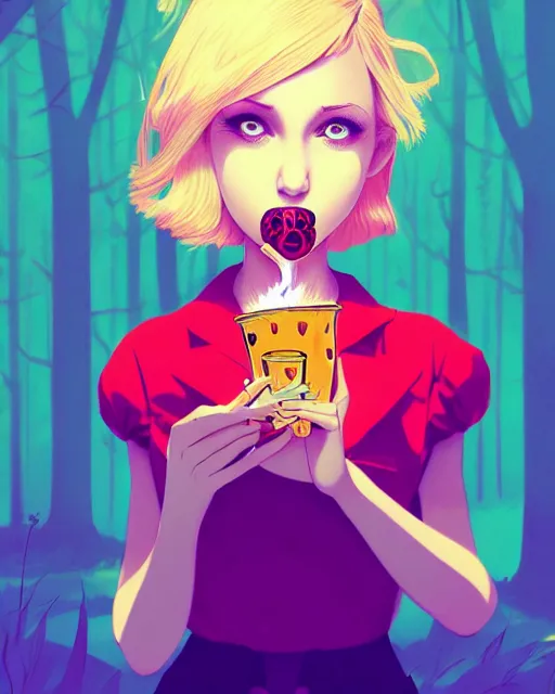 Prompt: digital illustration of pretty girl with short blonde hair hair, from alice in wonderland, smoking, happy eyes, smiling, in a wonderland forest, in junkyard at night, by ilya kuvshinov, lois van baarle, rossdraws, basquiat