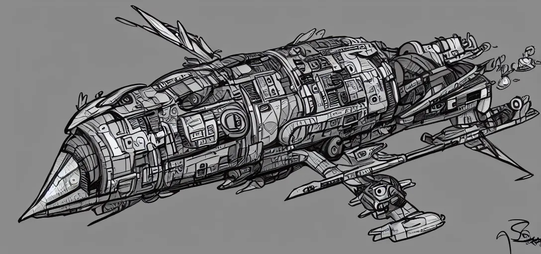 Prompt: Capsule SpaceShip by Sergio Cruz in the graphic style of Tim Shumate, detailed art, trending on Artstation, sharp focus, comic art