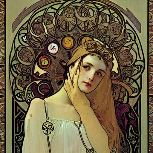 Image similar to keeper of secrets by alphonse mucha