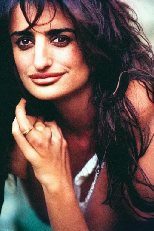 Image similar to penelope cruz, photo, portrait, mid - shot, 3 5 mm, kodak gold 2 0 0, warm lightning, lomography