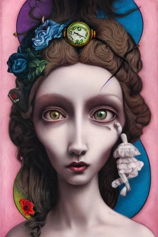 Image similar to pop surrealism, lowbrow art, realistic cute girl painting, hyper realism, victorian fashion, muted colors, trevor brown, mark ryden style