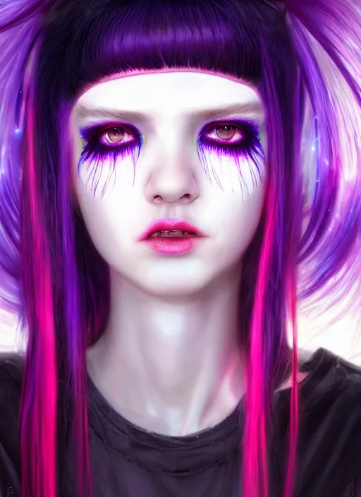 Image similar to hair whitebangs hair, black cyberlox, portrait of normal teenage girl with white bangs, messy bangs, cyberlox, whitebangs, red irises, purple clothes, intricate, elegant, glowing lights, highly detailed, digital painting, artstation, concept art, sharp focus, smooth, illustration, art by wlop, mars ravelo and greg rutkowski