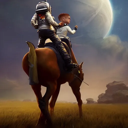 Image similar to an astronaut boy riding on a horse, style game square enix life, trending on artstation, painted by greg rutkowski, render naughty dog, octane render, detailed