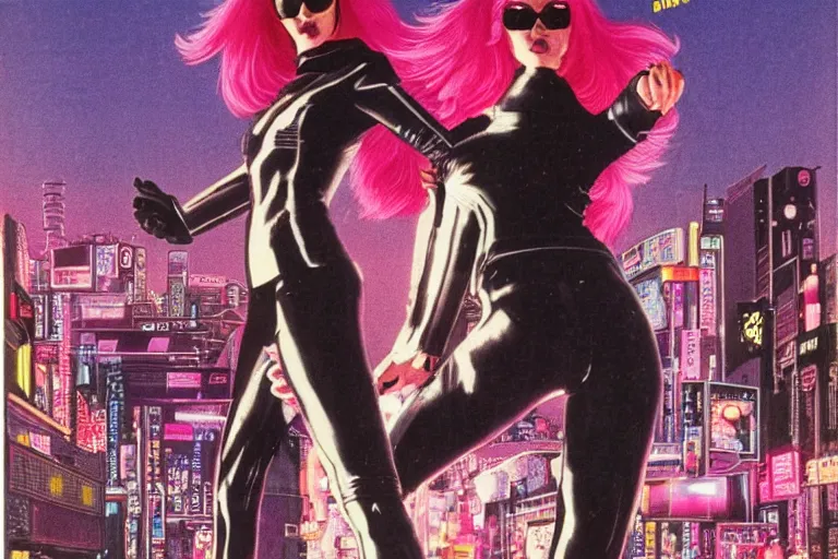 Image similar to 1979 OMNI Magazine Cover of Chrome woman with Pink hair and a leather jacket. neo-Tokyo streets behind her. in cyberpunk style by Vincent Di Fate