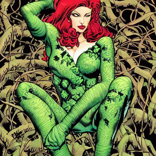Prompt: dc comics poison ivy character sitting in a throne made of vines and trees art by frank cho, joe chiodo, bruce timm