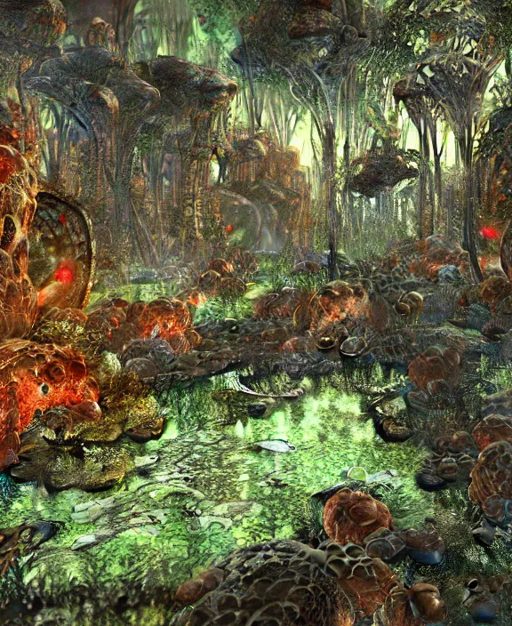 Image similar to intricate transparent clear see - through image of molten forge, lush botany, hellscape environment, ultra realistic, concept art, trippy psychedelic, photorealistic, octane render, 8 k, unreal engine. art by nori inoguchi and sam kaplan and zachary goulko and christopher marley