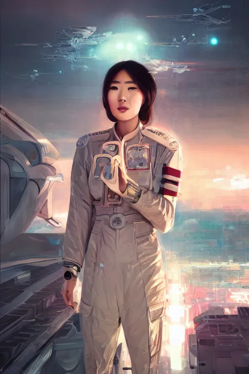 Image similar to portrait futuristic asian airforce girl, looking at the camera, in future airport rooftop , sci-fi, fantasy, intricate, very very beautiful, elegant, human anatomy, neon light, highly detailed, digital painting, artstation, concept art, smooth, sharp focus, illustration, art by tian zi and WLOP and alphonse mucha